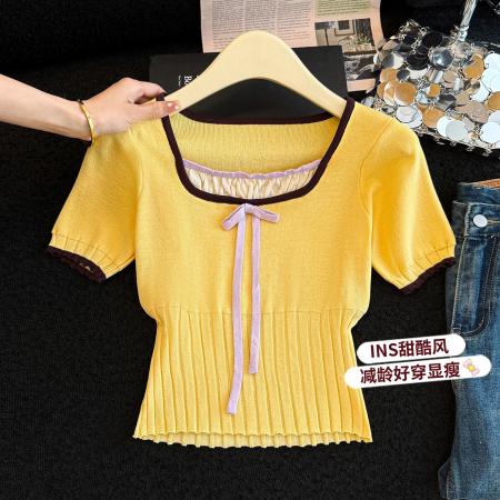 春夏新款女法式短款设计感小个子短袖针织衫T恤上衣  服裝批發女裝批發服飾貨源