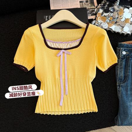 春夏新款女法式短款设计感小个子短袖针织衫T恤上衣  服裝批發女裝批發服飾貨源