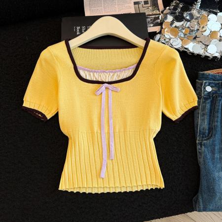 春夏新款女法式短款设计感小个子短袖针织衫T恤上衣  服裝批發女裝批發服飾貨源