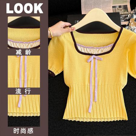 春夏新款女法式短款设计感小个子短袖针织衫T恤上衣  服裝批發女裝批發服飾貨源