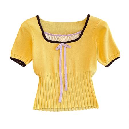 春夏新款女法式短款设计感小个子短袖针织衫T恤上衣  服裝批發女裝批發服飾貨源