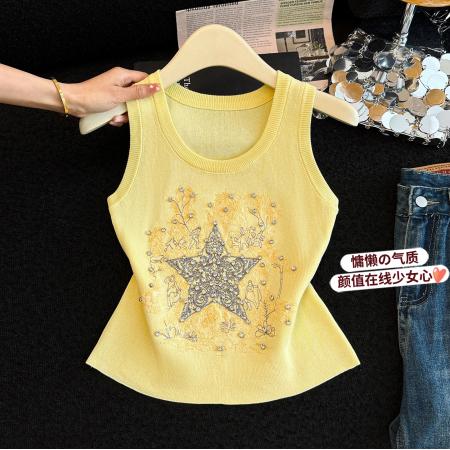 重工刺绣五角星针织背心女网红同款烫钻吊带外穿辣妹无袖上衣夏季  服裝批發女裝批發服飾貨源