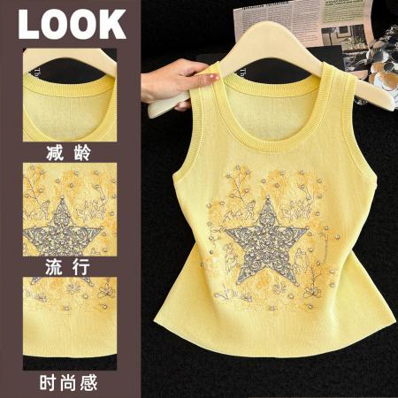 重工刺绣五角星针织背心女网红同款烫钻吊带外穿辣妹无袖上衣夏季  服裝批發女裝批發服飾貨源