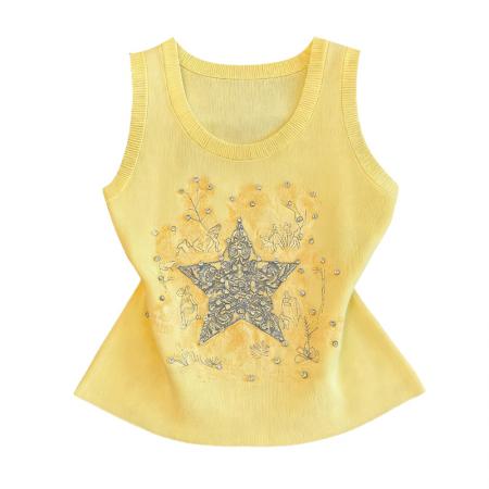 重工刺绣五角星针织背心女网红同款烫钻吊带外穿辣妹无袖上衣夏季  服裝批發女裝批發服飾貨源