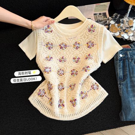 美拉德甜美风新款镂空钩花背心短袖T恤两件套装  服裝批發女裝批發服飾貨源
