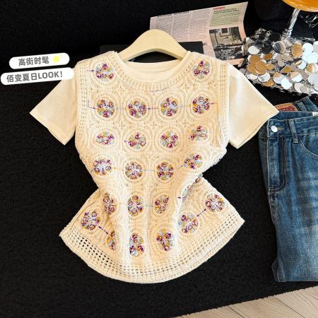 美拉德甜美风新款镂空钩花背心短袖T恤两件套装  服裝批發女裝批發服飾貨源