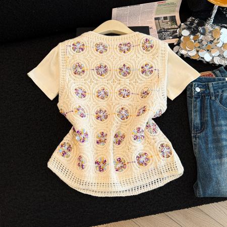 美拉德甜美风新款镂空钩花背心短袖T恤两件套装  服裝批發女裝批發服飾貨源