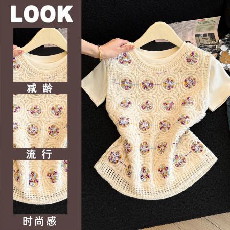 美拉德甜美风新款镂空钩花背心短袖T恤两件套装  服裝批發女裝批發服飾貨源