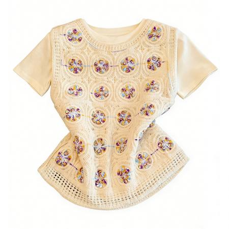 美拉德甜美风新款镂空钩花背心短袖T恤两件套装  服裝批發女裝批發服飾貨源