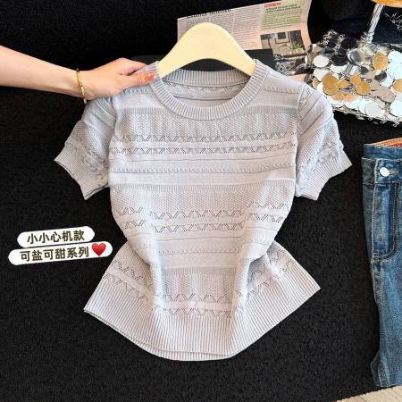 镂空针织衫短袖女新款夏季小众设计感圆领气质上衣  服裝批發女裝批發服飾貨源