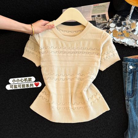 镂空针织衫短袖女新款夏季小众设计感圆领气质上衣  服裝批發女裝批發服飾貨源