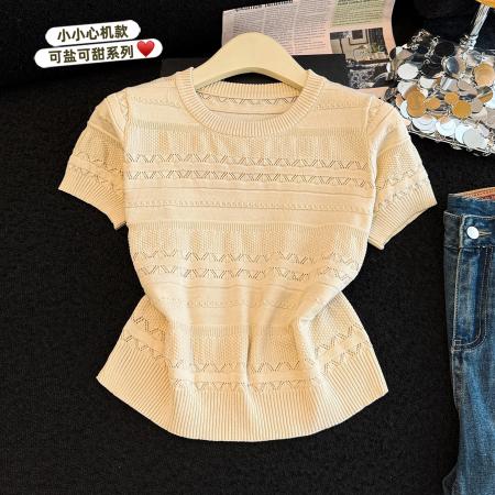 镂空针织衫短袖女新款夏季小众设计感圆领气质上衣  服裝批發女裝批發服飾貨源
