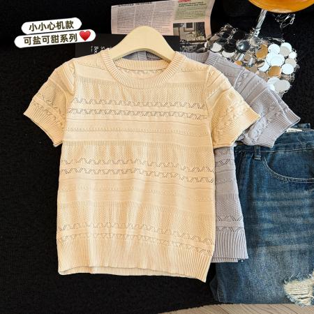 镂空针织衫短袖女新款夏季小众设计感圆领气质上衣  服裝批發女裝批發服飾貨源