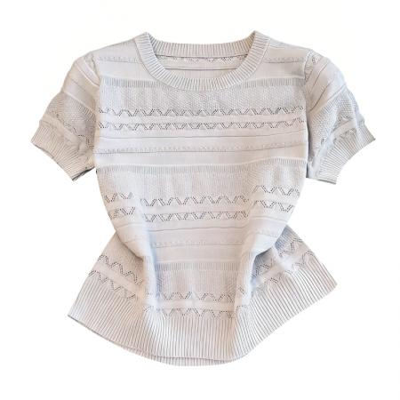 镂空针织衫短袖女新款夏季小众设计感圆领气质上衣  服裝批發女裝批發服飾貨源