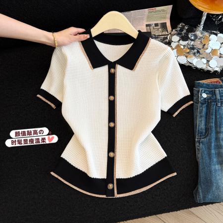 法式POLO领撞色短袖T恤女夏新款设计感小香风冰丝针织衫别致上衣  服裝批發女裝批發服飾貨源