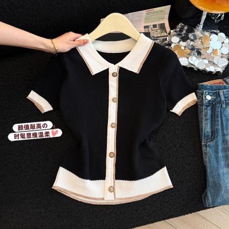 法式POLO领撞色短袖T恤女夏新款设计感小香风冰丝针织衫别致上衣  服裝批發女裝批發服飾貨源