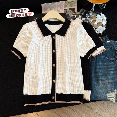 法式POLO领撞色短袖T恤女夏新款设计感小香风冰丝针织衫别致上衣  服裝批發女裝批發服飾貨源