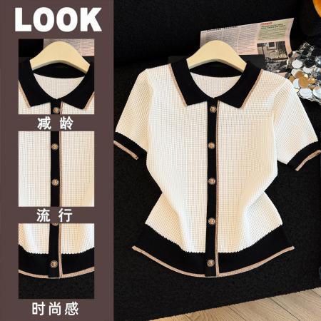 法式POLO领撞色短袖T恤女夏新款设计感小香风冰丝针织衫别致上衣  服裝批發女裝批發服飾貨源
