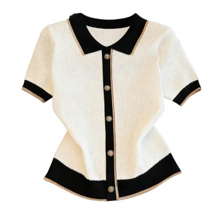 法式POLO领撞色短袖T恤女夏新款设计感小香风冰丝针织衫别致上衣  服裝批發女裝批發服飾貨源