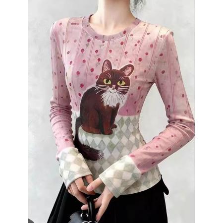 官拍大码胖小猫碎花双层网纱长袖t恤女夏季新款显瘦绝美底衫上衣  服裝批發女裝批發服飾貨源