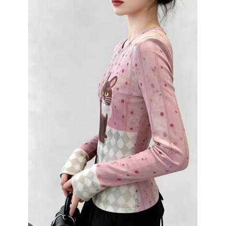 官拍大码胖小猫碎花双层网纱长袖t恤女夏季新款显瘦绝美底衫上衣  服裝批發女裝批發服飾貨源