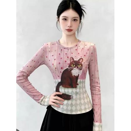 官拍大码胖小猫碎花双层网纱长袖t恤女夏季新款显瘦绝美底衫上衣  服裝批發女裝批發服飾貨源