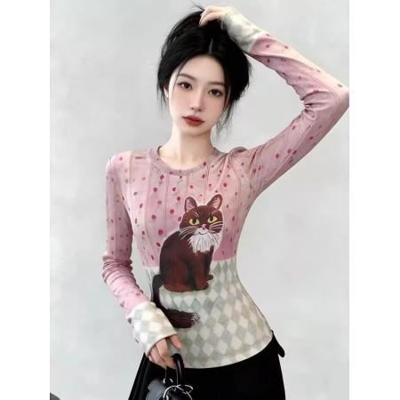 官拍大码胖小猫碎花双层网纱长袖t恤女夏季新款显瘦绝美底衫上衣  服裝批發女裝批發服飾貨源
