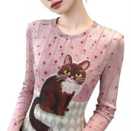 官拍大码胖小猫碎花双层网纱长袖t恤女夏季新款显瘦绝美底衫上衣  服裝批發女裝批發服飾貨源