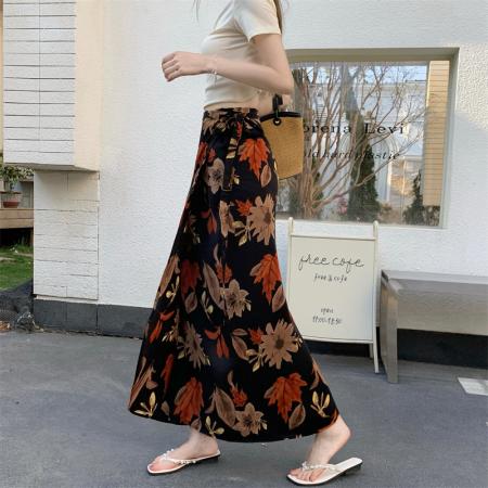 模特度假风花色包臀裙一片式围裙系带沙滩裙开衩半身裙  服裝批發女裝批發服飾貨源