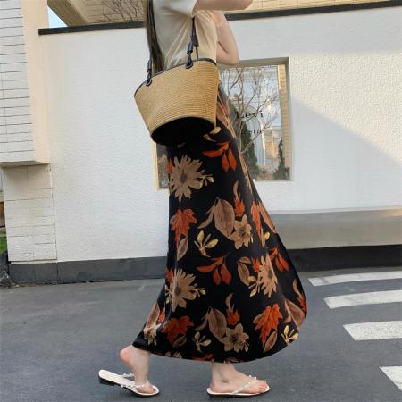 模特度假风花色包臀裙一片式围裙系带沙滩裙开衩半身裙  服裝批發女裝批發服飾貨源