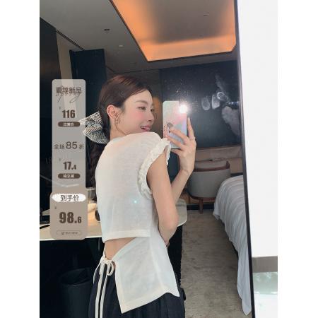 绑带露背韩系木耳边开衩百搭T恤设计感气质显瘦上衣女  服裝批發女裝批發服飾貨源