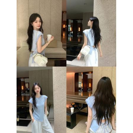 绑带露背韩系木耳边开衩百搭T恤设计感气质显瘦上衣女  服裝批發女裝批發服飾貨源