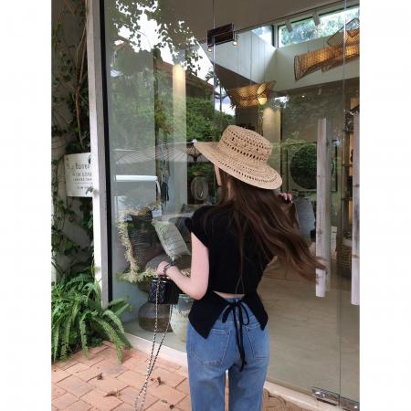 绑带露背韩系木耳边开衩百搭T恤设计感气质显瘦上衣女  服裝批發女裝批發服飾貨源