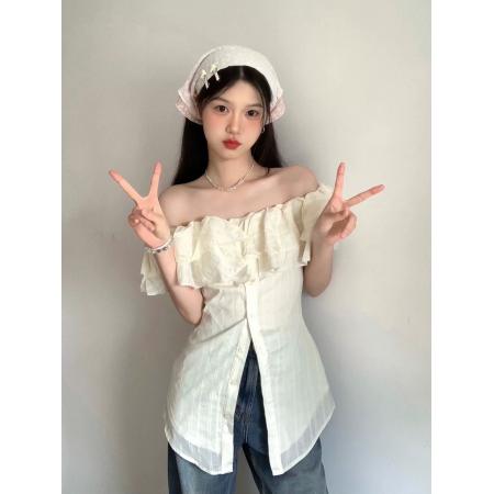 原版条纹面料有抽筋夏季收腰显瘦掐腰衬衣小众设计感露  服裝批發女裝批發服飾貨源