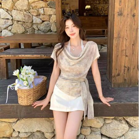 显瘦不挑人夏气质温柔扎染蕾丝拼接绑带假两件小衫  服裝批發女裝批發服飾貨源