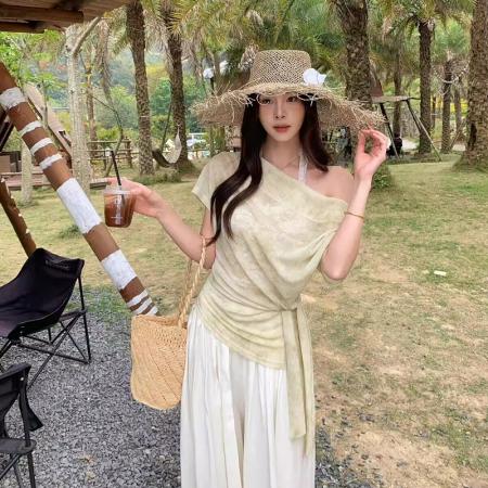 显瘦不挑人夏气质温柔扎染蕾丝拼接绑带假两件小衫  服裝批發女裝批發服飾貨源