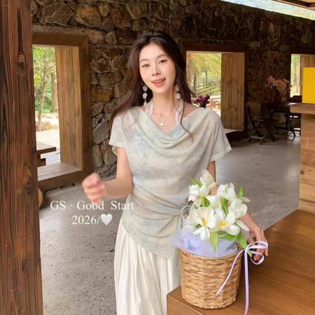 显瘦不挑人夏气质温柔扎染蕾丝拼接绑带假两件小衫  服裝批發女裝批發服飾貨源