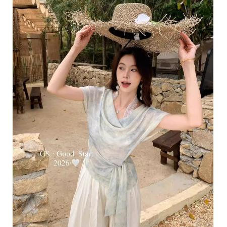 显瘦不挑人夏气质温柔扎染蕾丝拼接绑带假两件小衫  服裝批發女裝批發服飾貨源