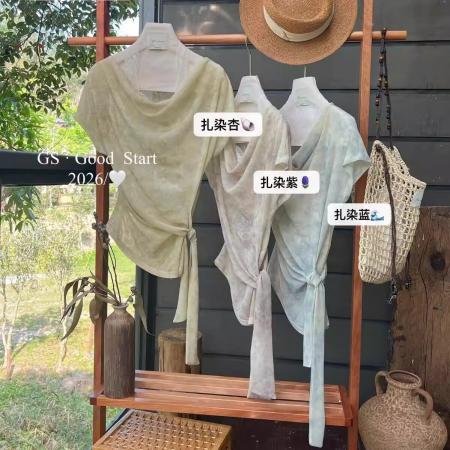 显瘦不挑人夏气质温柔扎染蕾丝拼接绑带假两件小衫  服裝批發女裝批發服飾貨源