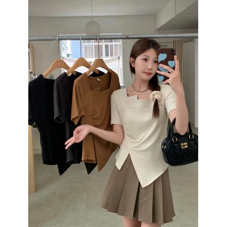 ～大码胖mm夏季新款不规则褶皱遮肉显瘦上衣百搭正肩短袖t恤  服裝批發女裝批發服飾貨源