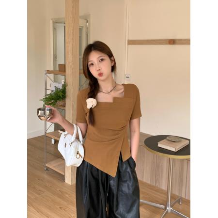 ～大码胖mm夏季新款不规则褶皱遮肉显瘦上衣百搭正肩短袖t恤  服裝批發女裝批發服飾貨源