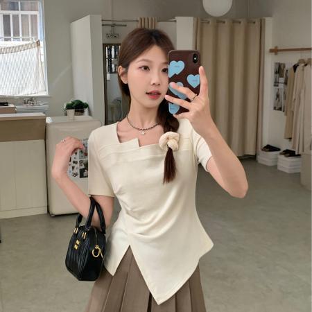 ～大码胖mm夏季新款不规则褶皱遮肉显瘦上衣百搭正肩短袖t恤  服裝批發女裝批發服飾貨源