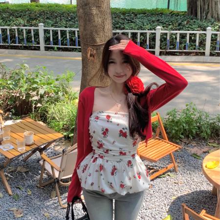 大码春夏新款复古碎花抹胸上衣+开衫两件套  服裝批發女裝批發服飾貨源