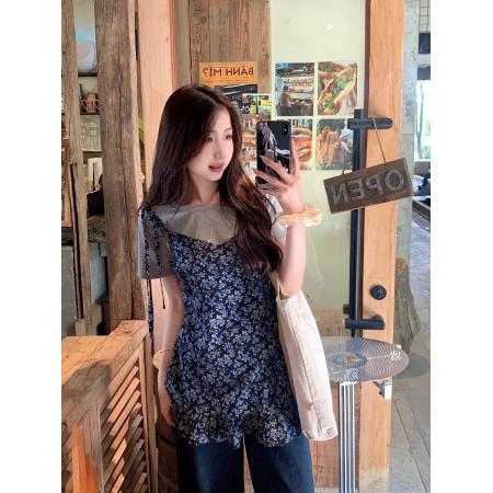 大码胖MM夏季新款泰兰德夏日温柔碎花吊带短袖套装  服裝批發女裝批發服飾貨源