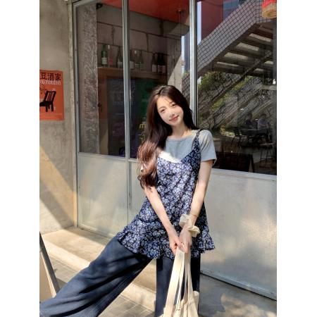 大码胖MM夏季新款泰兰德夏日温柔碎花吊带短袖套装  服裝批發女裝批發服飾貨源