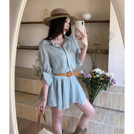 高级感修身显瘦翻领衬衫连衣裙女春夏复古气质荷叶边短裙  服裝批發女裝批發服飾貨源