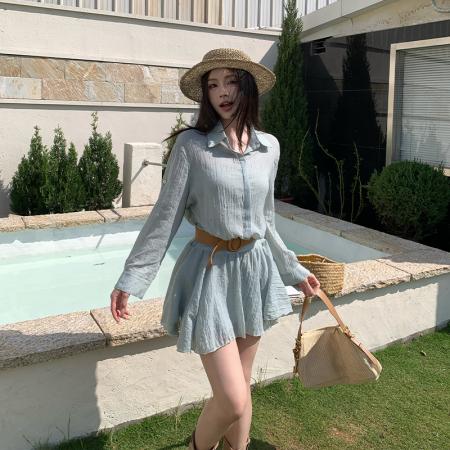 高级感修身显瘦翻领衬衫连衣裙女春夏复古气质荷叶边短裙  服裝批發女裝批發服飾貨源