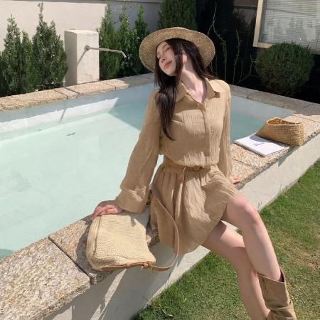 高级感修身显瘦翻领衬衫连衣裙女春夏复古气质荷叶边短裙  服裝批發女裝批發服飾貨源