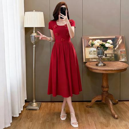 BY13692# 玫瑰曲立体花朵U领收腰大摆长裙夏法式复古显瘦连衣裙  服裝批發女裝批發服飾貨源