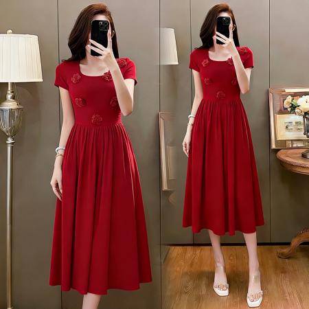 BY13692# 玫瑰曲立体花朵U领收腰大摆长裙夏法式复古显瘦连衣裙  服裝批發女裝批發服飾貨源